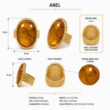 Anel Yara ajustável, resina mesclada citrino, aro dourado oval, medida 4 cm