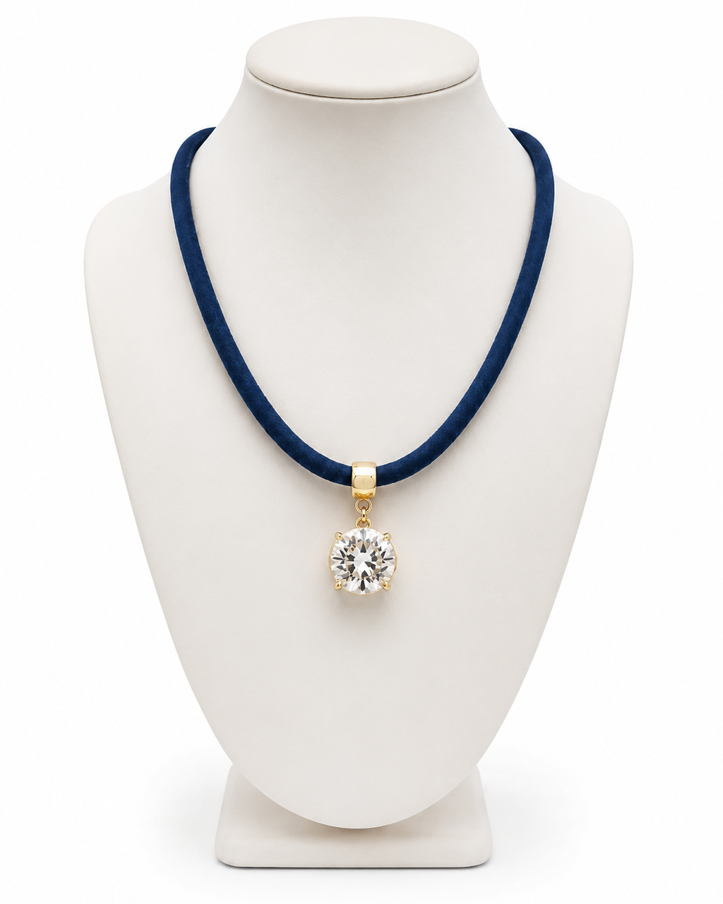 Colar com cordão azul-marinho e pingente de cristal redondo com aro dourado