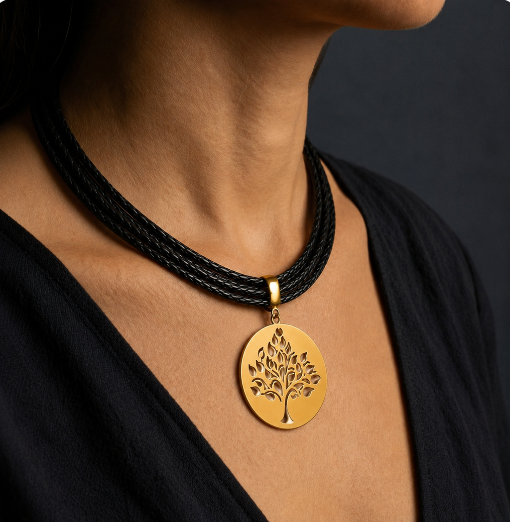 Colar de couro preto com pingente redondo dourado da Árvore da Vida
