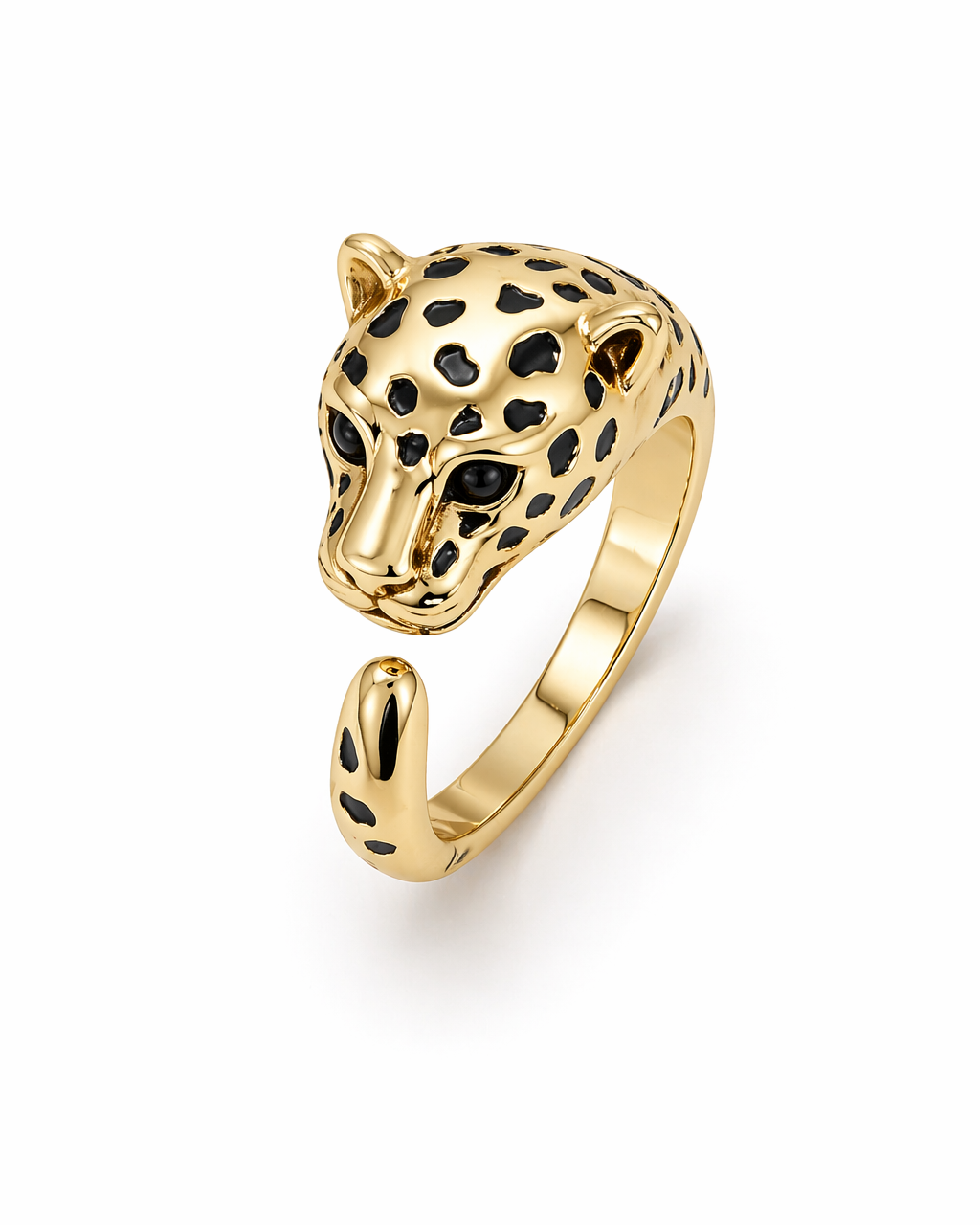 Anel dourado Panther com cabeça estilizada e estampa de manchas pretas