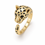 Anel dourado Panther com cabeça estilizada e estampa de manchas pretas