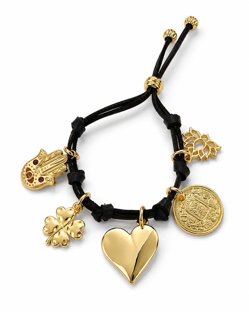 Pulseira Naia com cordão preto e pingentes dourados: coração, sol, medalha e flor