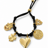 Pulseira Naia com cordão preto e pingentes dourados: coração, sol, medalha e flor