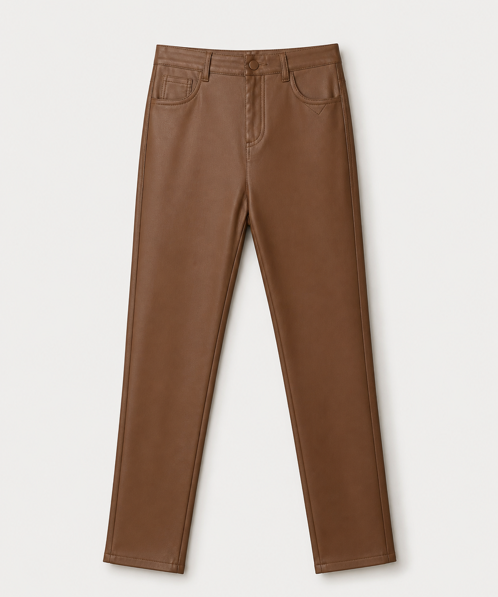 Calça skinny marrom caramelo, cintura com botão, bolsos frontais e passantes.