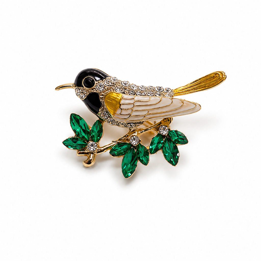 Broche de colibri dourado com cristais e pedras verdes, fecho discreto
