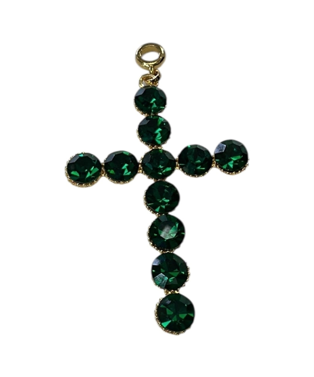 Pingente cruz com strass verde escuro e argolinha dourada