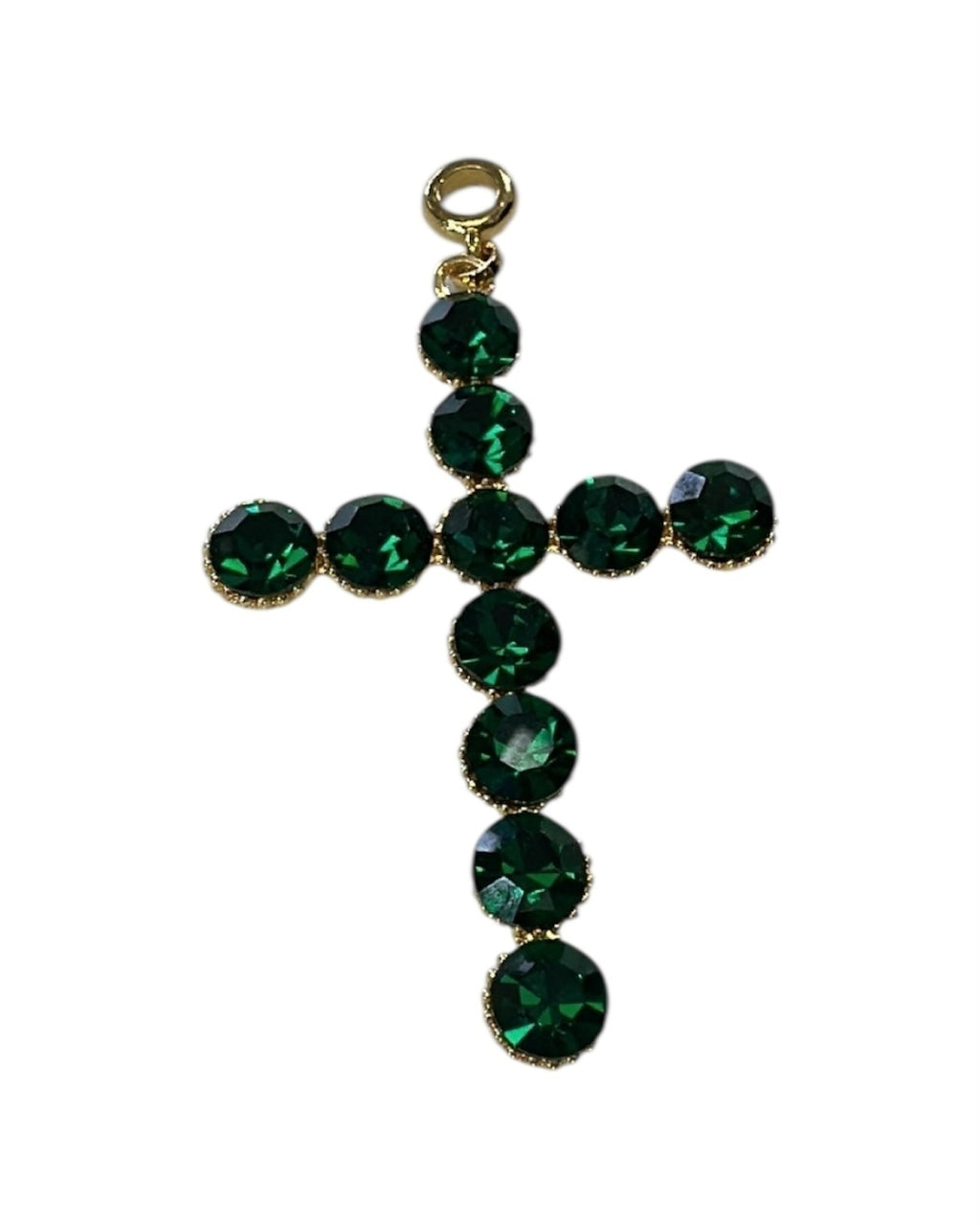 Pingente cruz com strass verde escuro e argolinha dourada