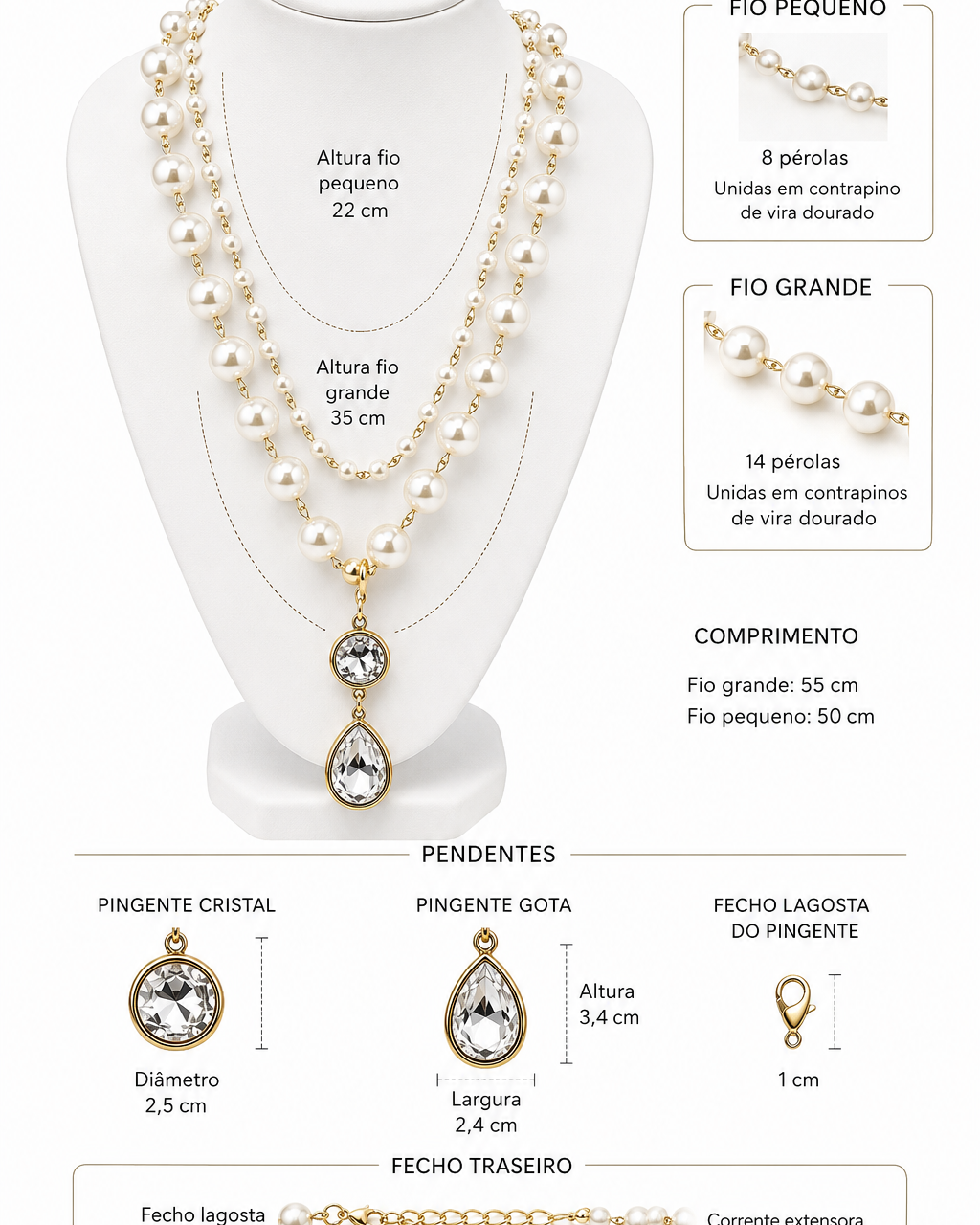 Colar Lupi com pérolas, pingente em cristal e gota; comprimento indicado