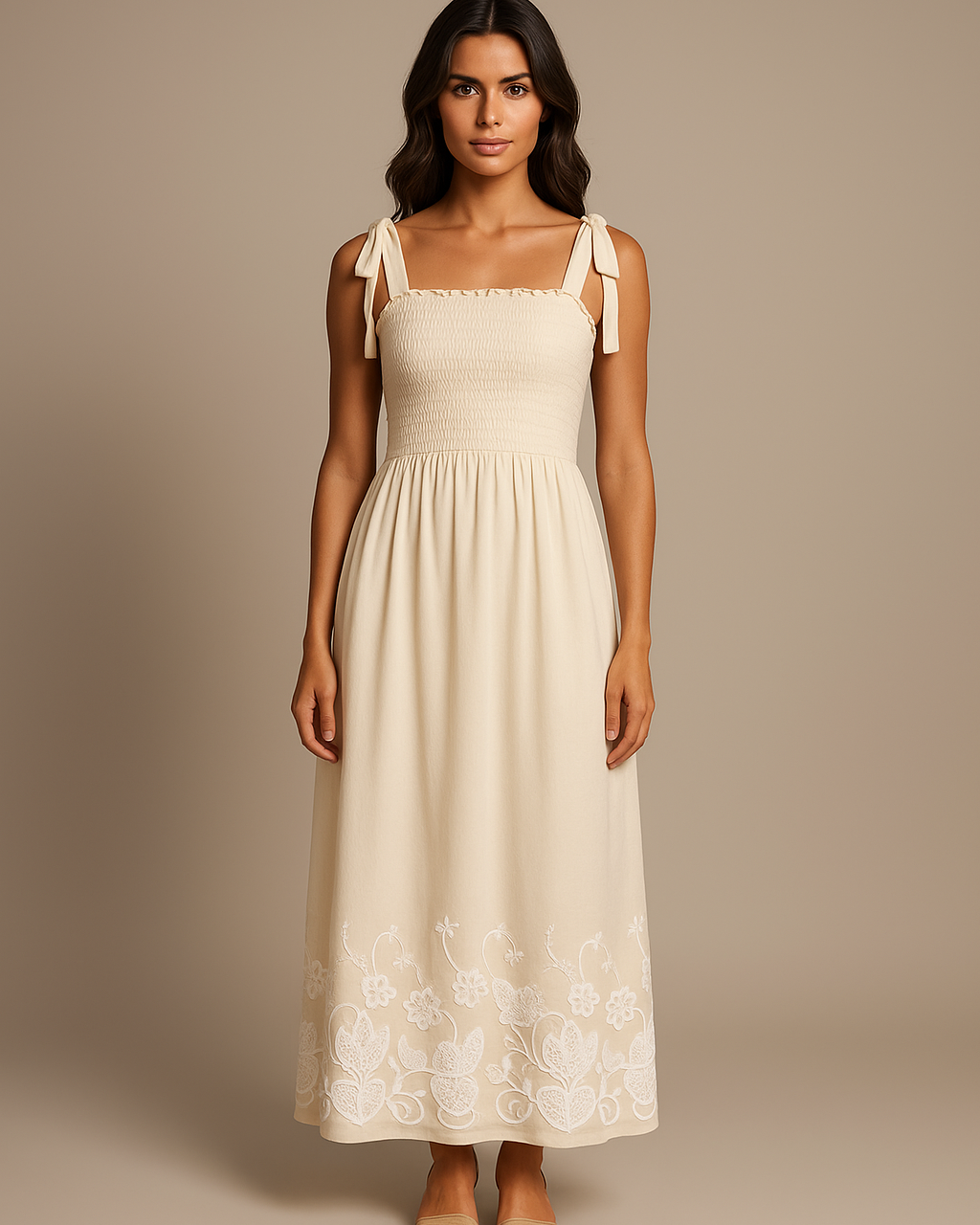 Vestido longo creme com alças, corpo franzido e barra com renda floral