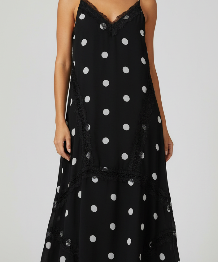 Vestido amplo preto com poá branco e alças finas, saia longa e ampla