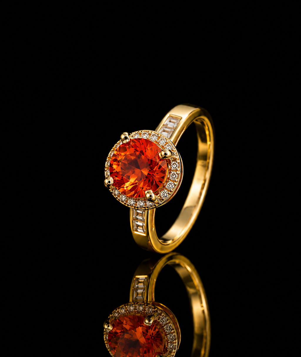 Anel Aperol dourado com pedra redonda laranja e aro com zircônias