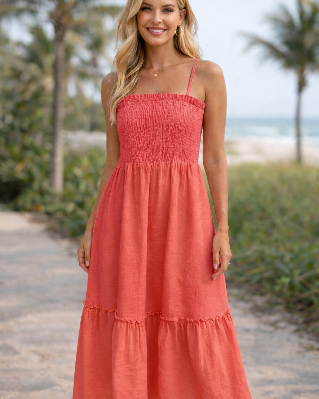 Vestido Maura vermelho de alças finas, saia midi com babados e cintura franzida