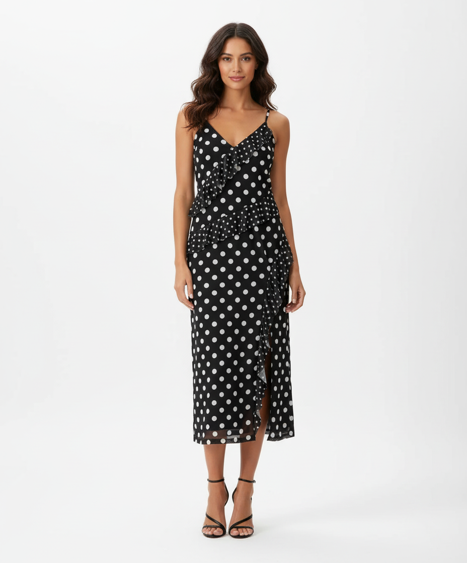 Vestido longo preto com alças finas e poás, transpassado e fenda lateral