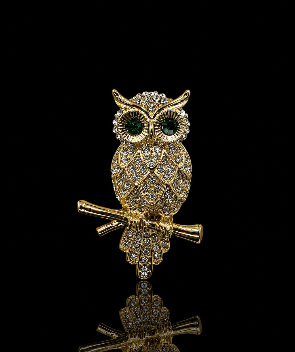 Broche de coruja dourada com olhos verdes e cristais brilhantes, detalhes em strass