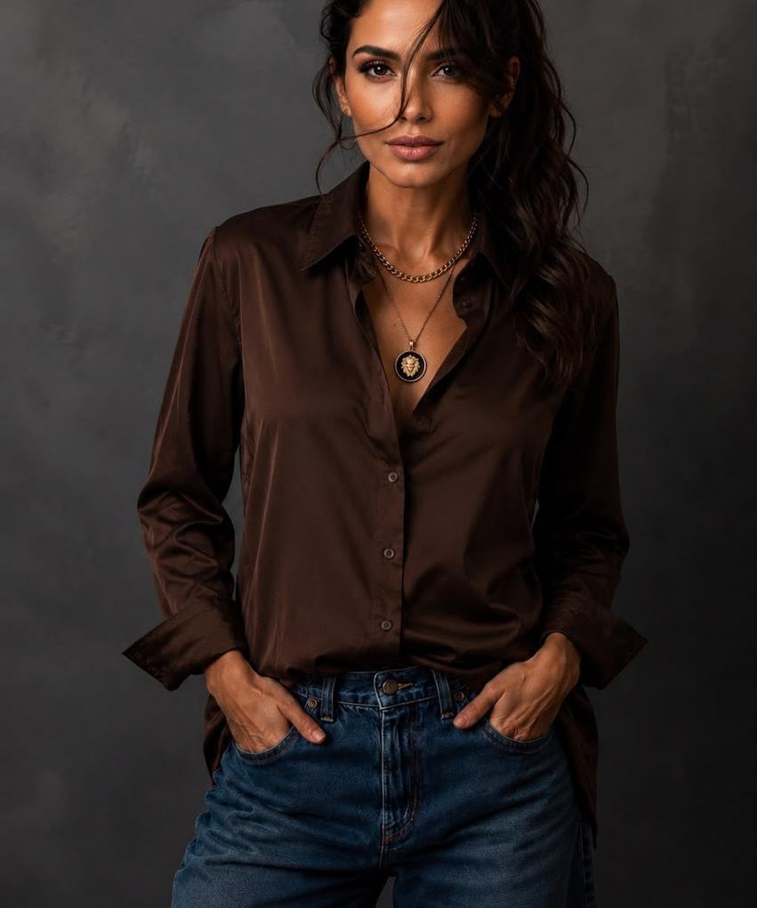 Camisa Greta marrom escura: gola e botões frontais, mangas longas