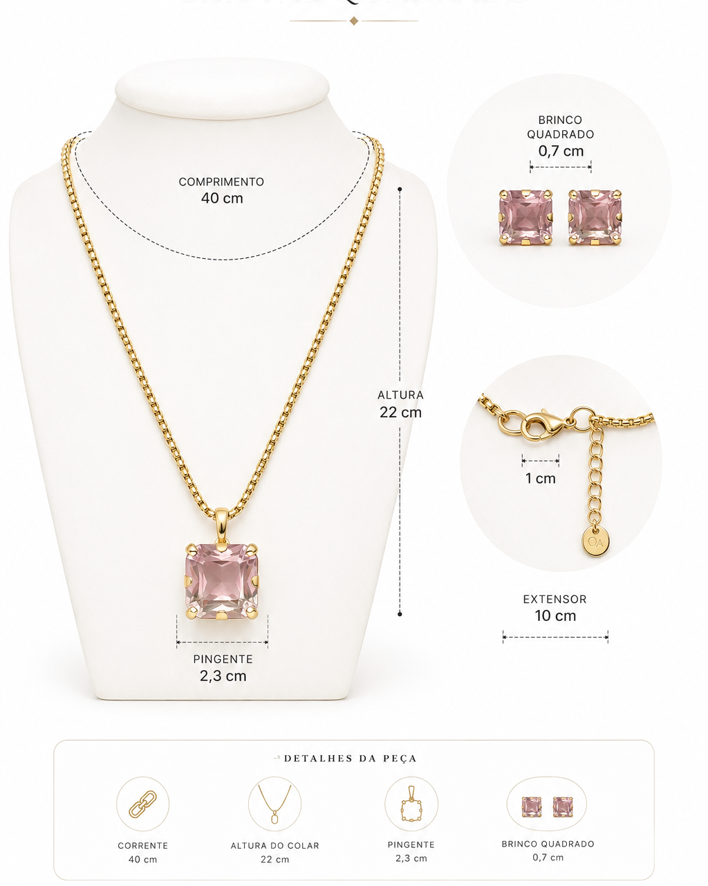 Infográfico do conjunto Aurélia Cristal quadrado: colar dourado com cristal rosa