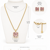 Infográfico do conjunto Aurélia Cristal quadrado: colar dourado com cristal rosa