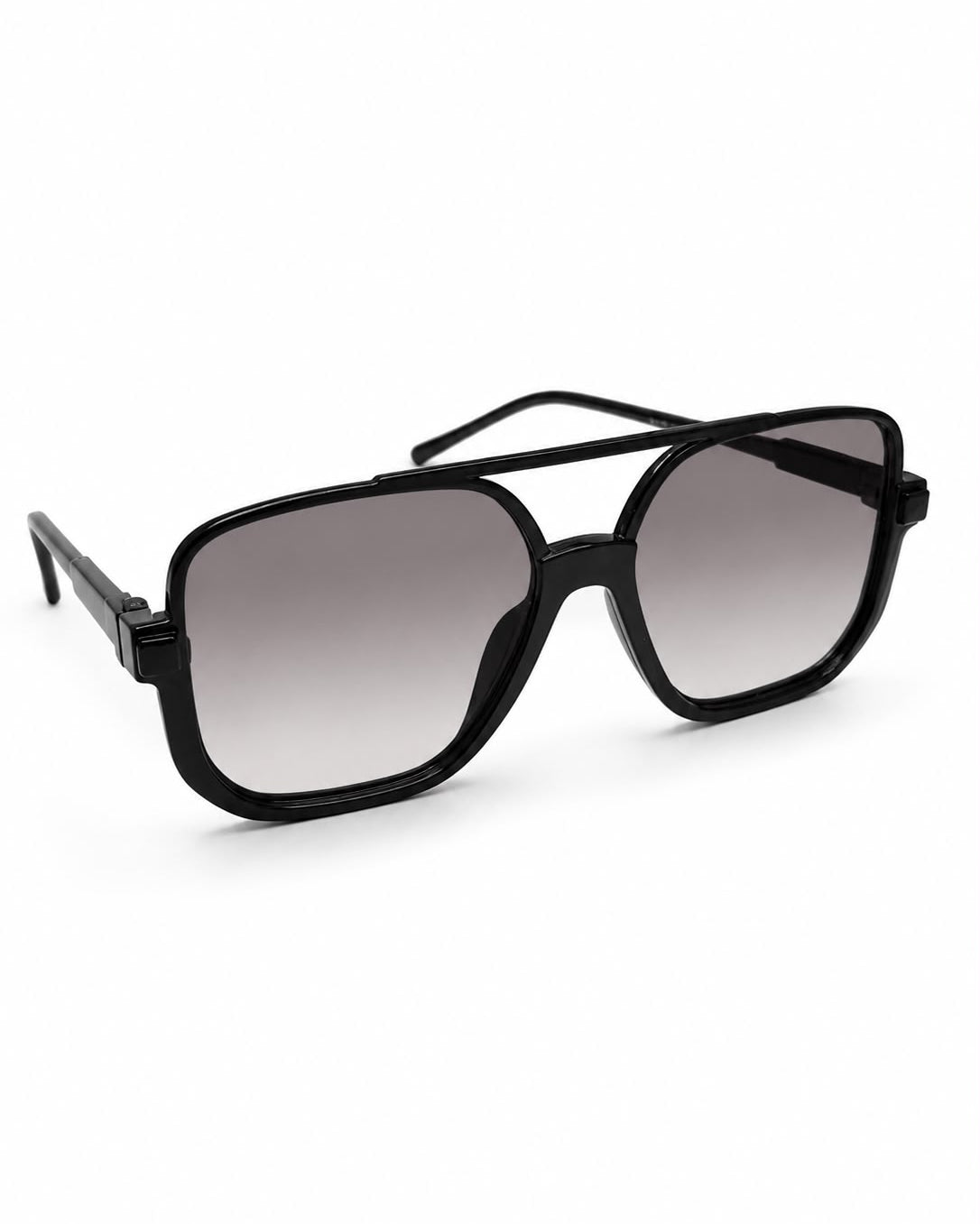 Óculos Nikki com armação preta e lentes cinza, formato quadrado, hastes ajustáveis