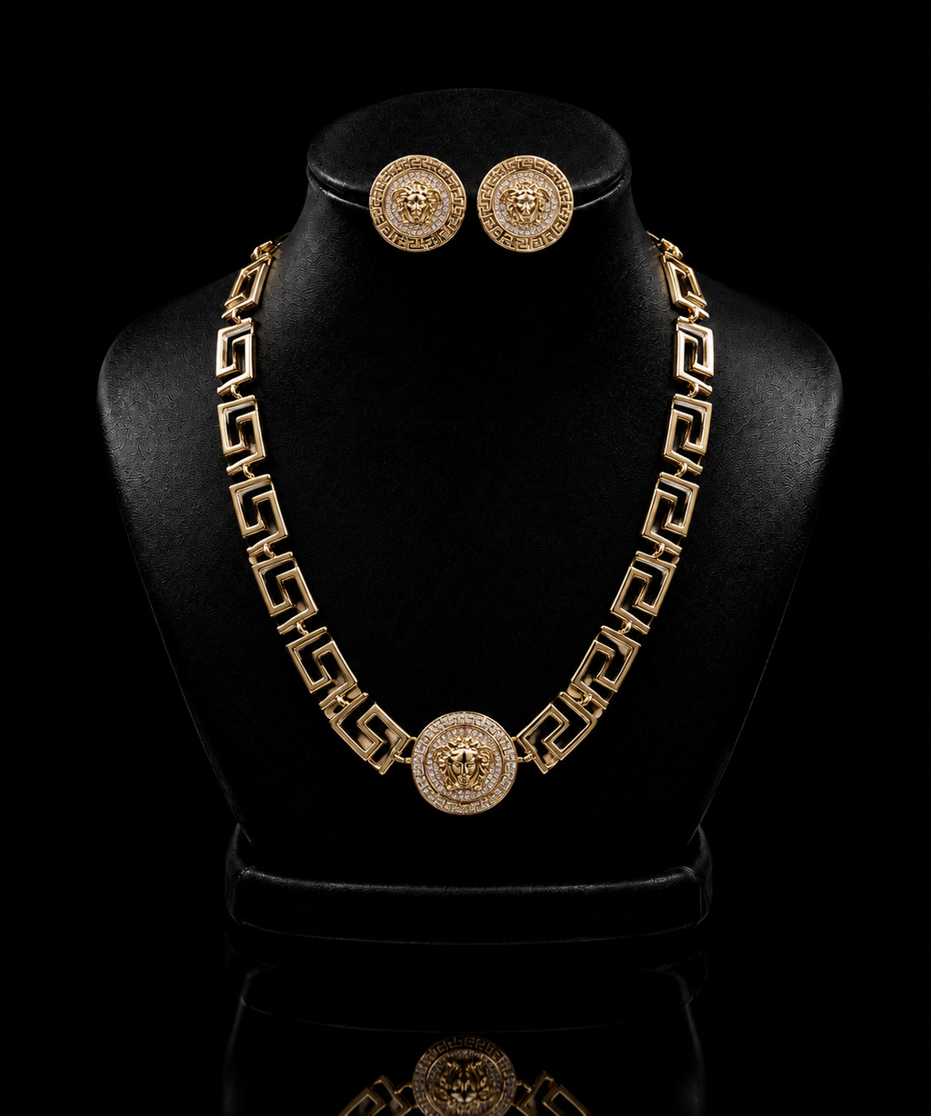 Conjunto de colar e brinco Palermo dourado, pingente circular e elos