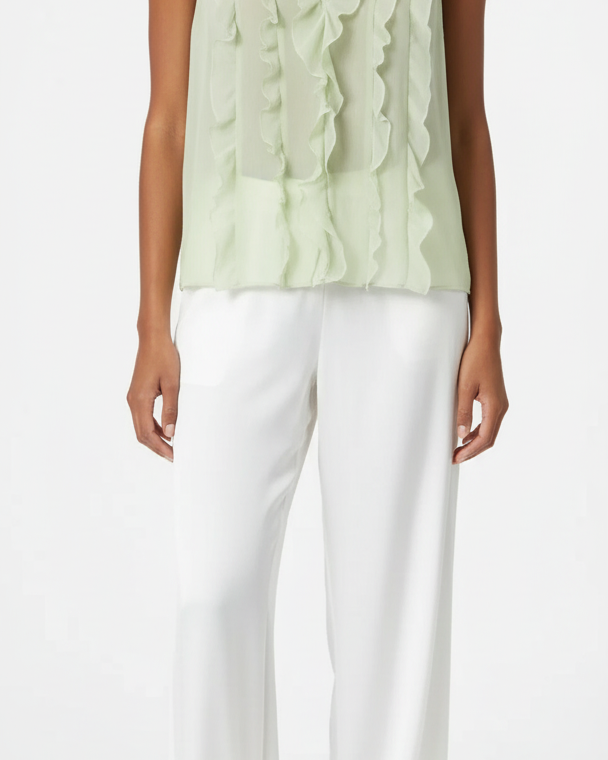 Blusa de babados sem mangas verde clara com decote V e camadas franzidas