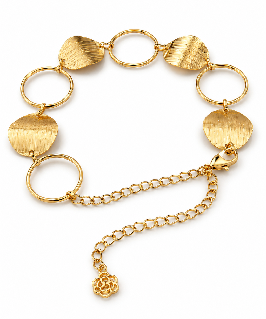 Cinto Lolita dourado com argolas, elos de corrente e pingente de flor