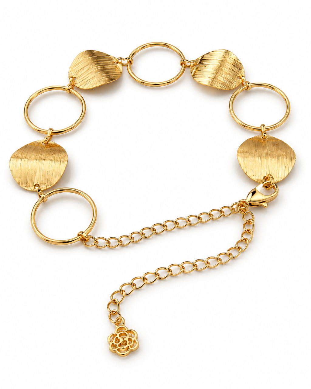 Cinto Lolita dourado com argolas, elos de corrente e pingente de flor