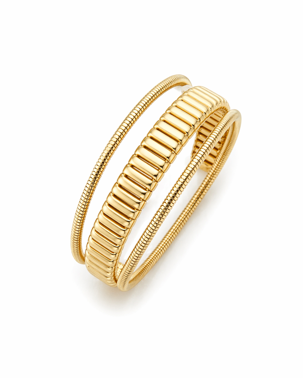 Pulseira Lola dourada com três voltas e detalhes retangulares