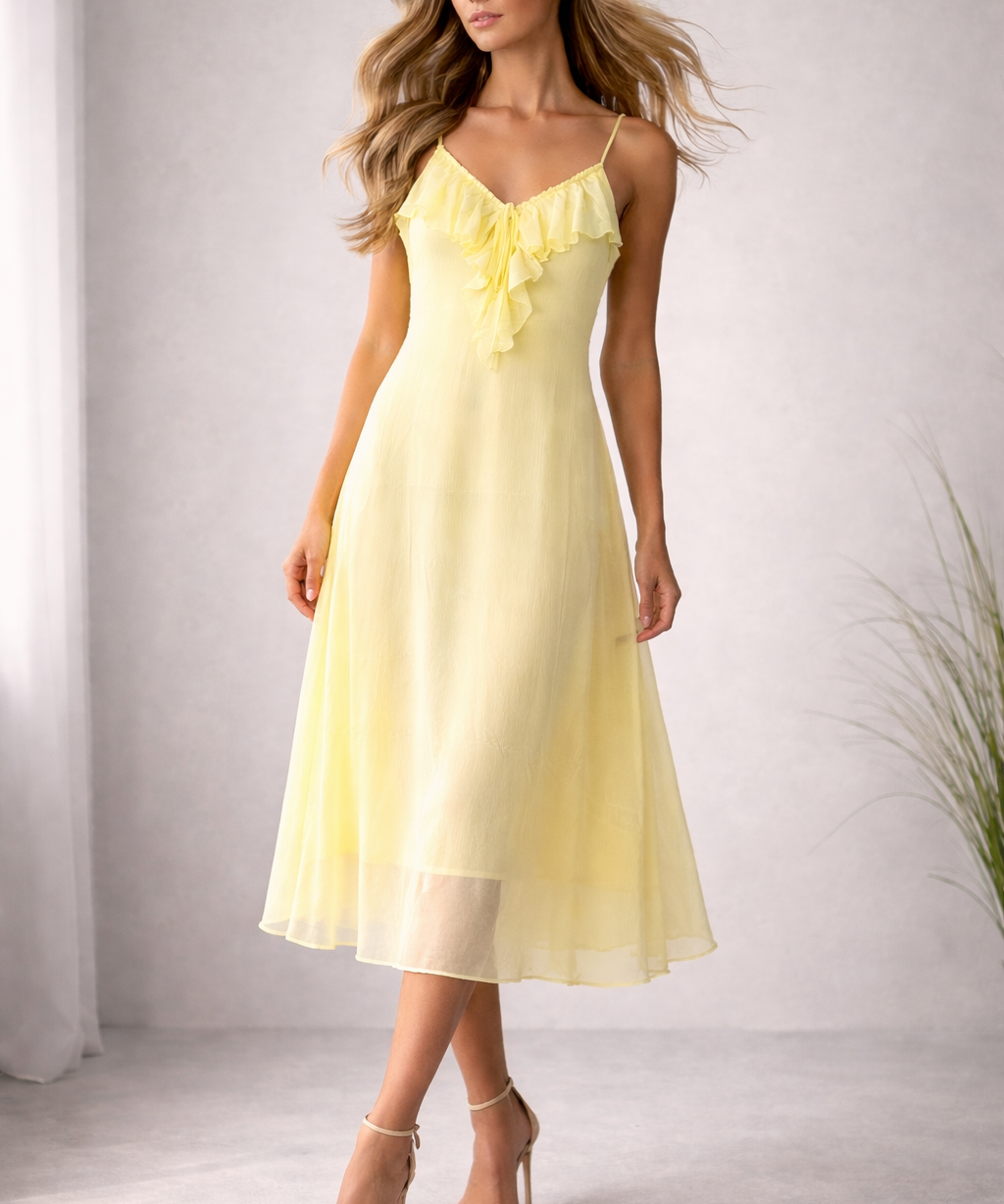 Vestido midi amarelo claro com alças finas e babado no decote