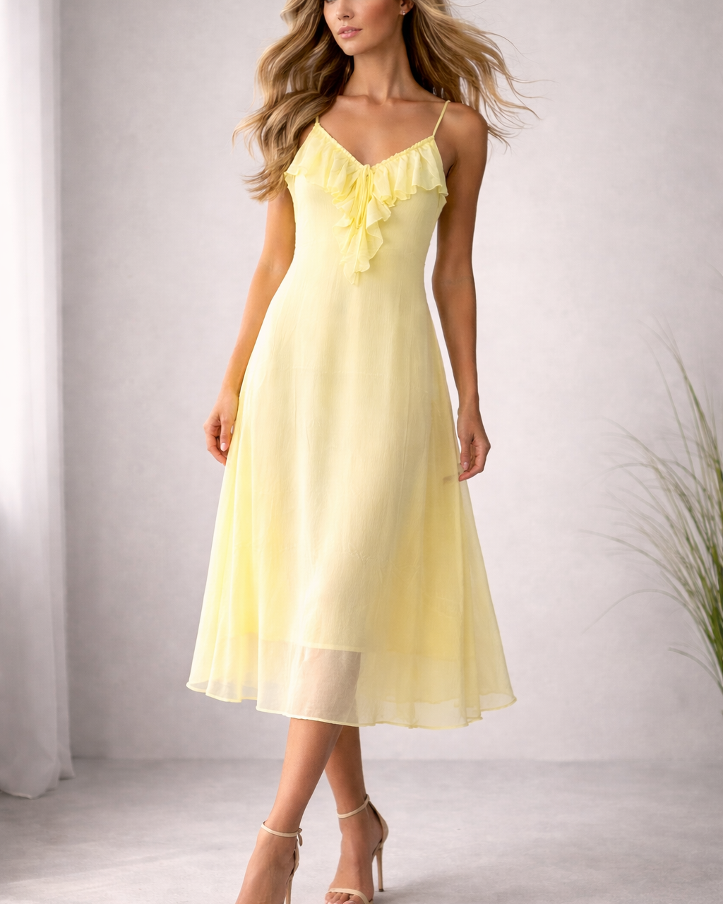 Vestido midi amarelo claro com alças finas e babado no decote
