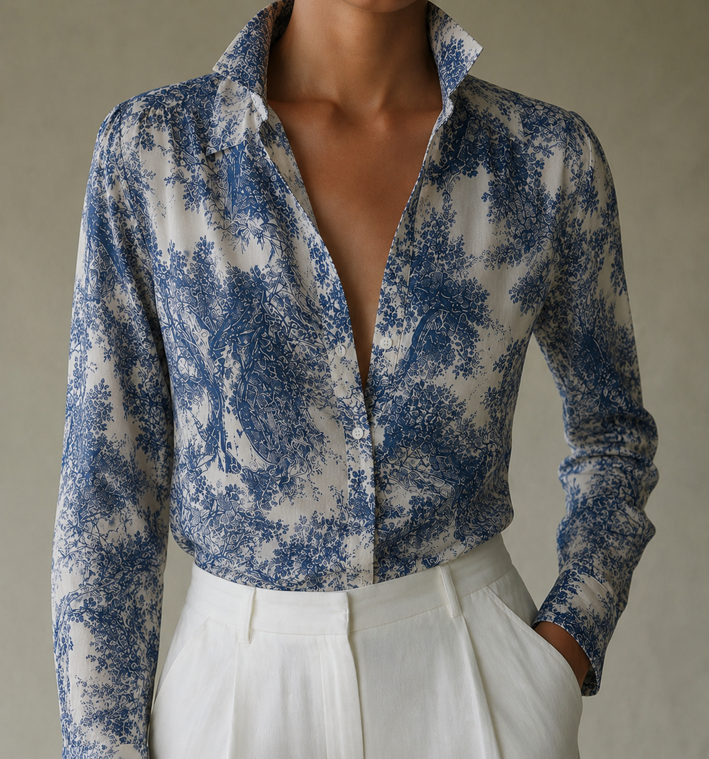 Camisa floral de manga longa azul e branca, gola aberta e botões frontais