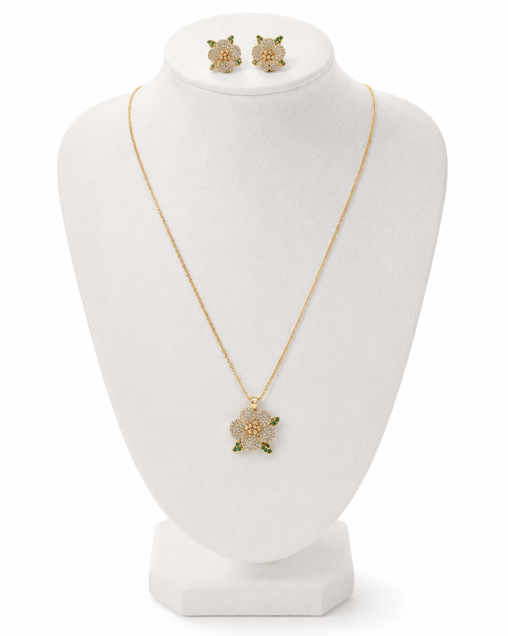 Conjunto de colar e brinco Begônia dourado com pingente de flor e pedras coloridas