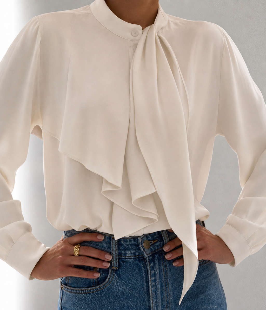 Camisa branca com gola e laço frontal de babados
