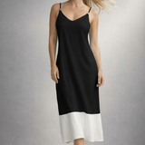 Vestido midi de alças finas com decote V e faixa branca na barra, preto