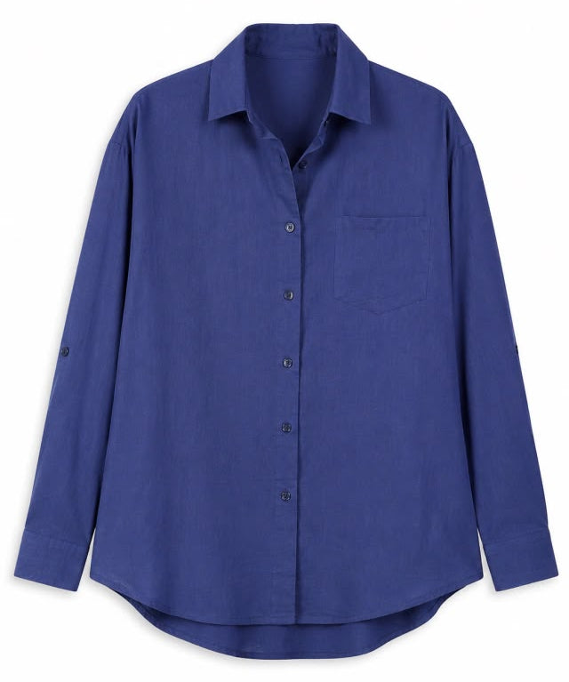 Camisa marinho de botão com gola e bolso no peito