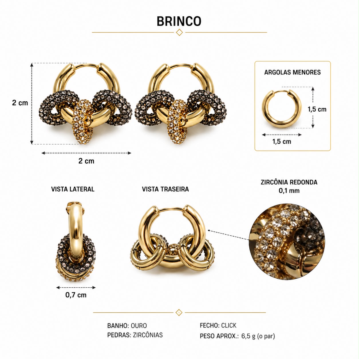 Par de brincos argola dourada com detalhes de zircônias pretas e arco central