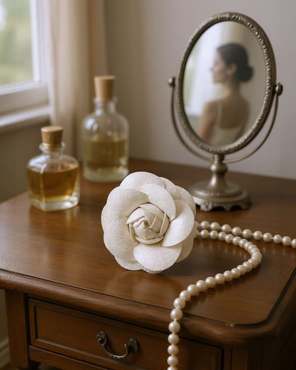 Presilha de camélia branca com flor de tecido e contas de pérola