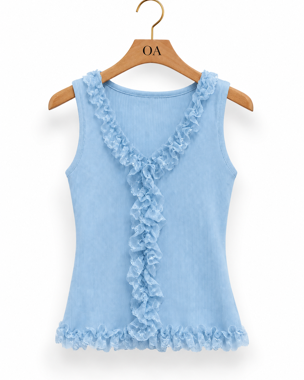 Blusa sem manga azul clara com babados em camadas no decote V e na barra