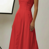 Vestido Monica vermelho midi com alças finas e pregas no busto
