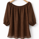 Blusa ombro a ombro marrom com elástico na gola, mangas bufantes e bainha ampla