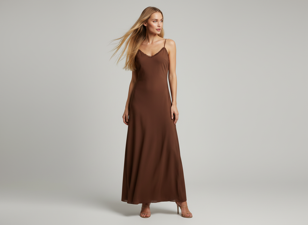 Vestido longo marrom com alças finas e decote em V, caimento solto