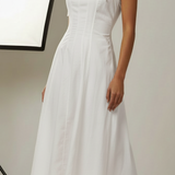 Vestido Monica branco midi, alças finas e acabamento plissado na parte superior