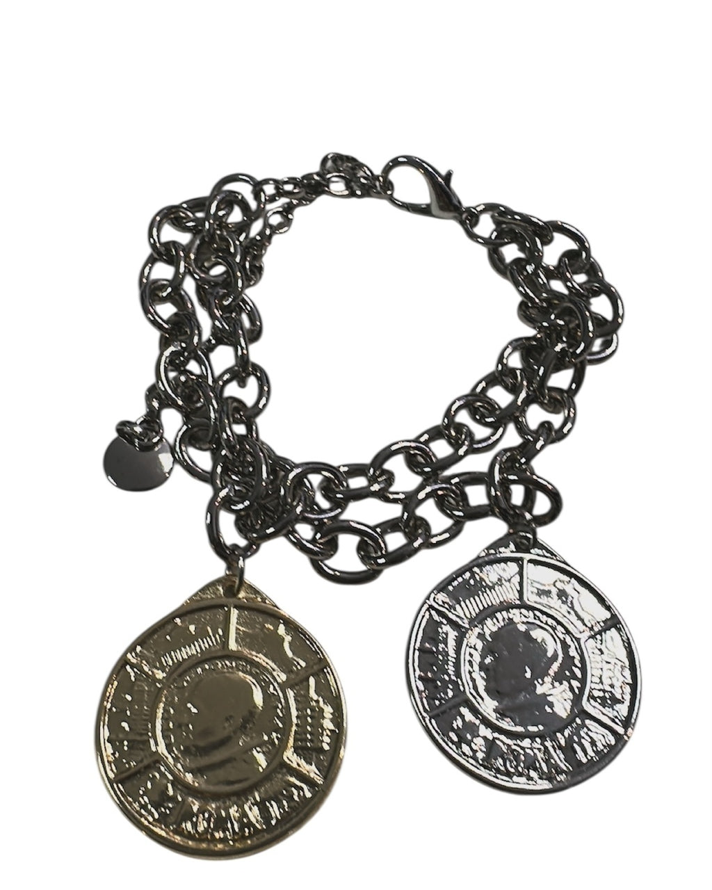 Pulseira de elos com dois pingentes circulares, prateado e dourado