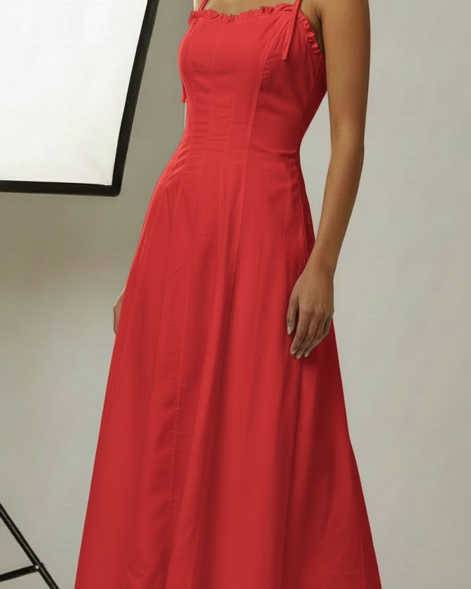 Vestido Monica vermelho midi, saia rodada e franzidos na parte superior