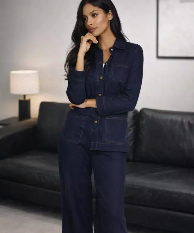 Blusa Patricia Liocel jeans azul, manga longa, botões frontais e gola