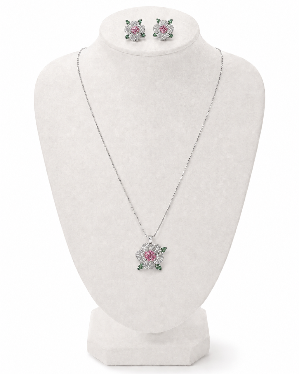 Conjunto de colar e brinco Begônia prateado com pingente de flor e detalhes verdes