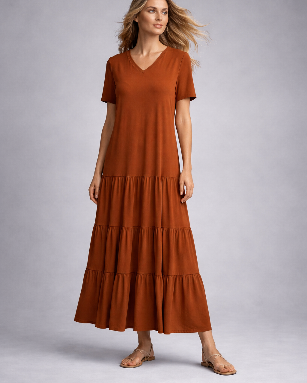 Vestido longo caramelo queimado com decote V, manga curta e babados na barra