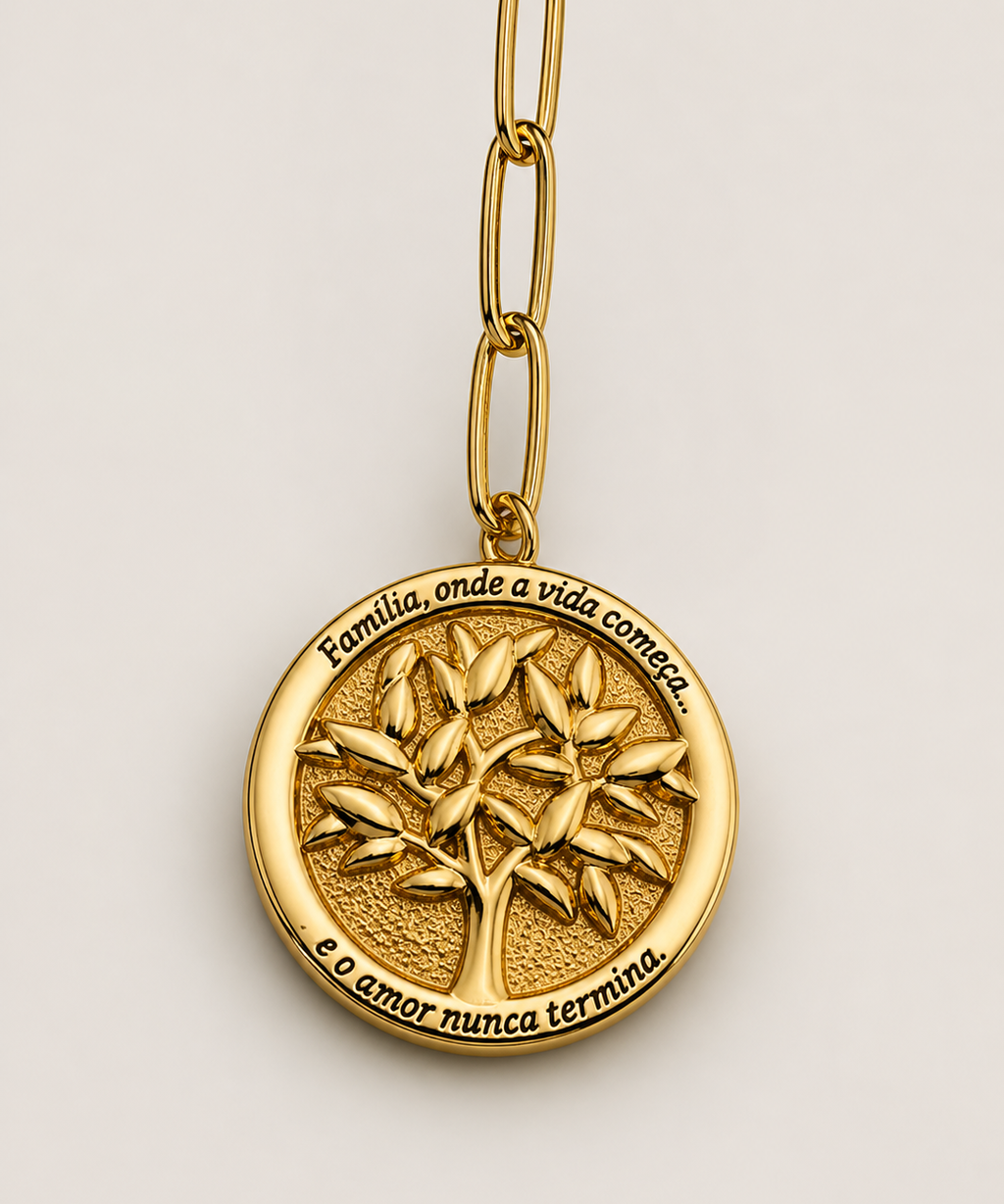 Colar dourado com pingente circular Árvore vida e corrente de elos