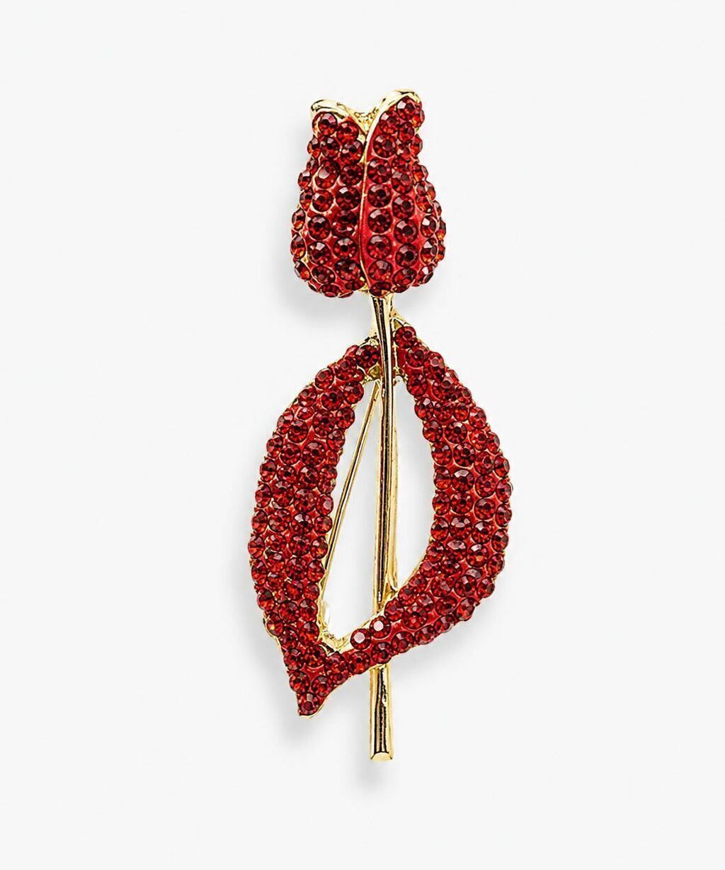 Broche em formato de flor vermelha, com strass e base dourada