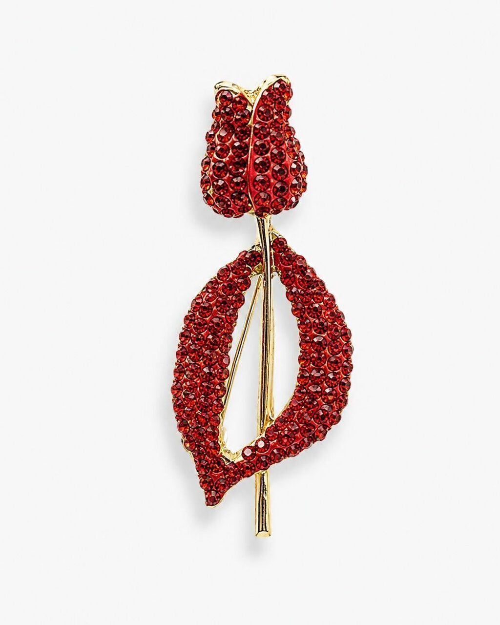Broche em formato de flor vermelha, com strass e base dourada