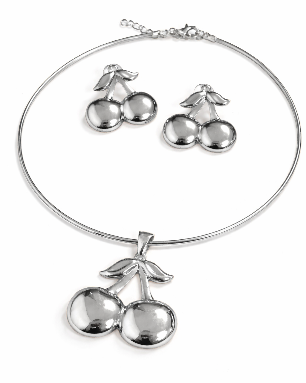 Conjunto de colar e brincos cereja prateados com laço e duas cerejas